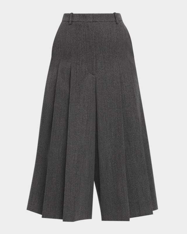 Pleated Twill Wide-Leg Culotte Pants